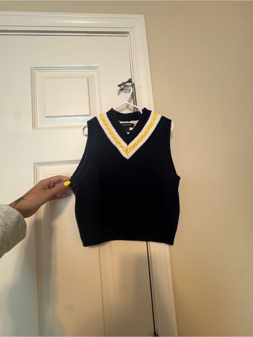 Lands' End Navy Sweater Vest with White and Yellow V‑Neck Trim
